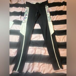 PINK Victoria's Secret Black Leggings with Cream Trim and Pastel Floral Panels